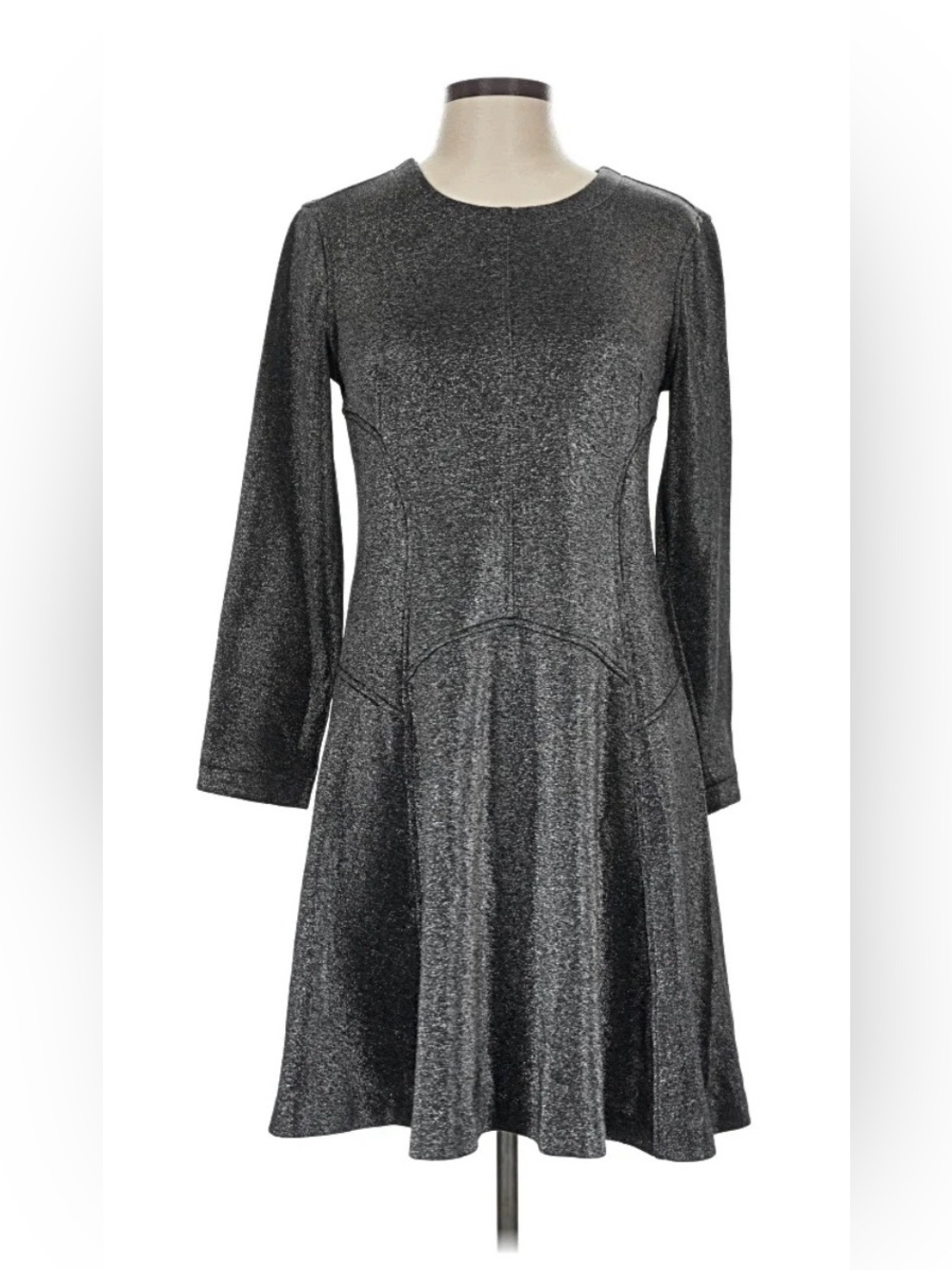 Vera Wang Metallic Long-Sleeve A-Line Dress - Silver
